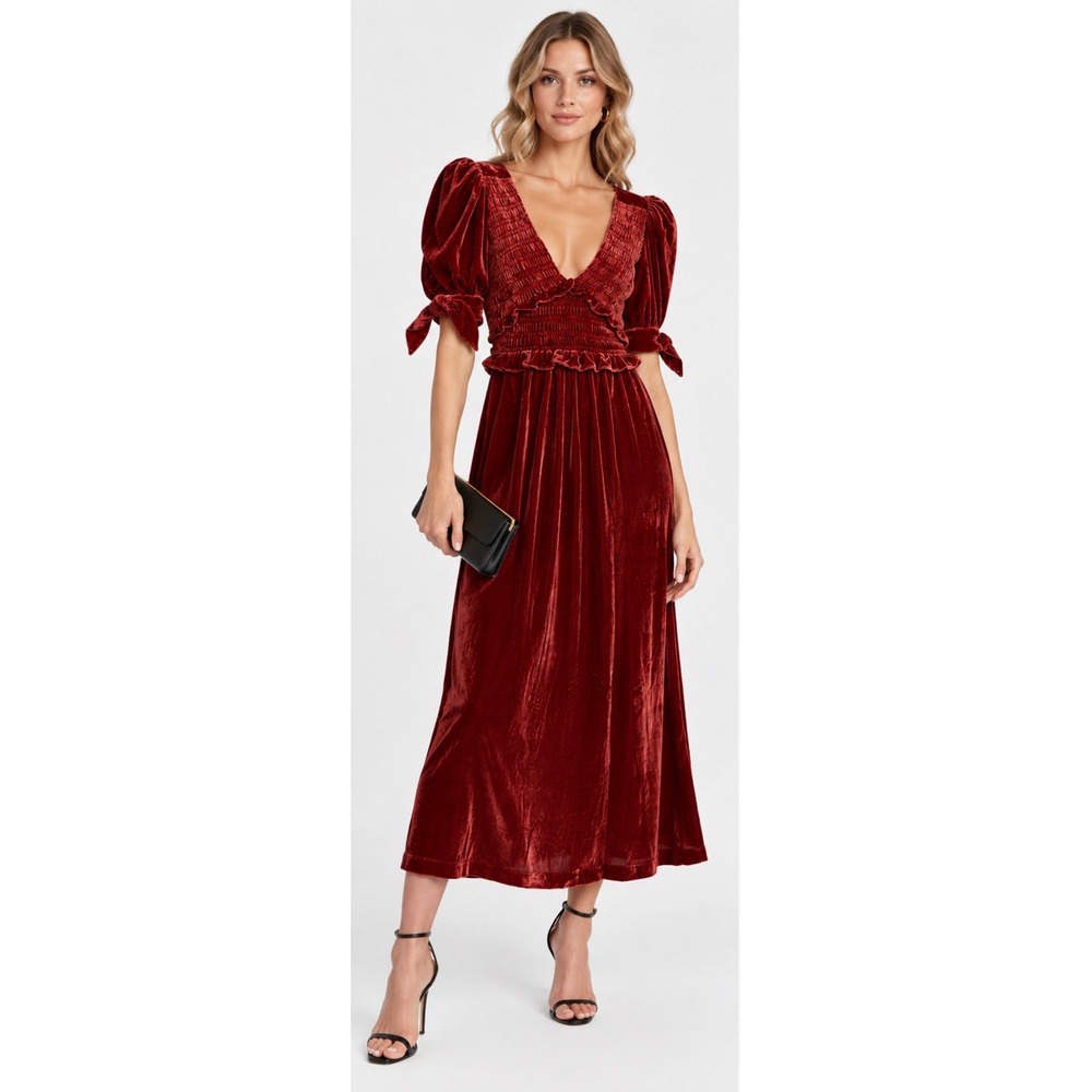 Sea New York Mayde Velvet Puff Sleeve Smocked Dress Rust Size M